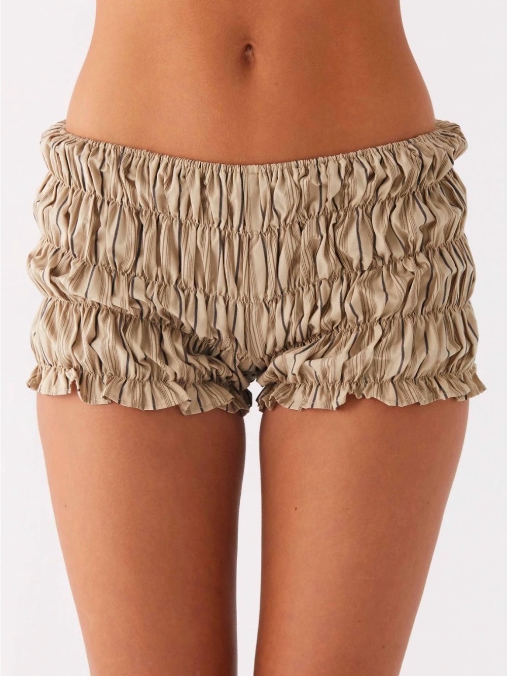 Girls Like Us Ruched Mini Shorts in Oatmeal Stripe